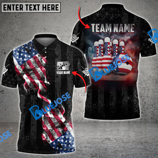 BlueJoses Bowling Amrican Flag Retro Smoke 2 Customized Name, Team Name 3D Shirt