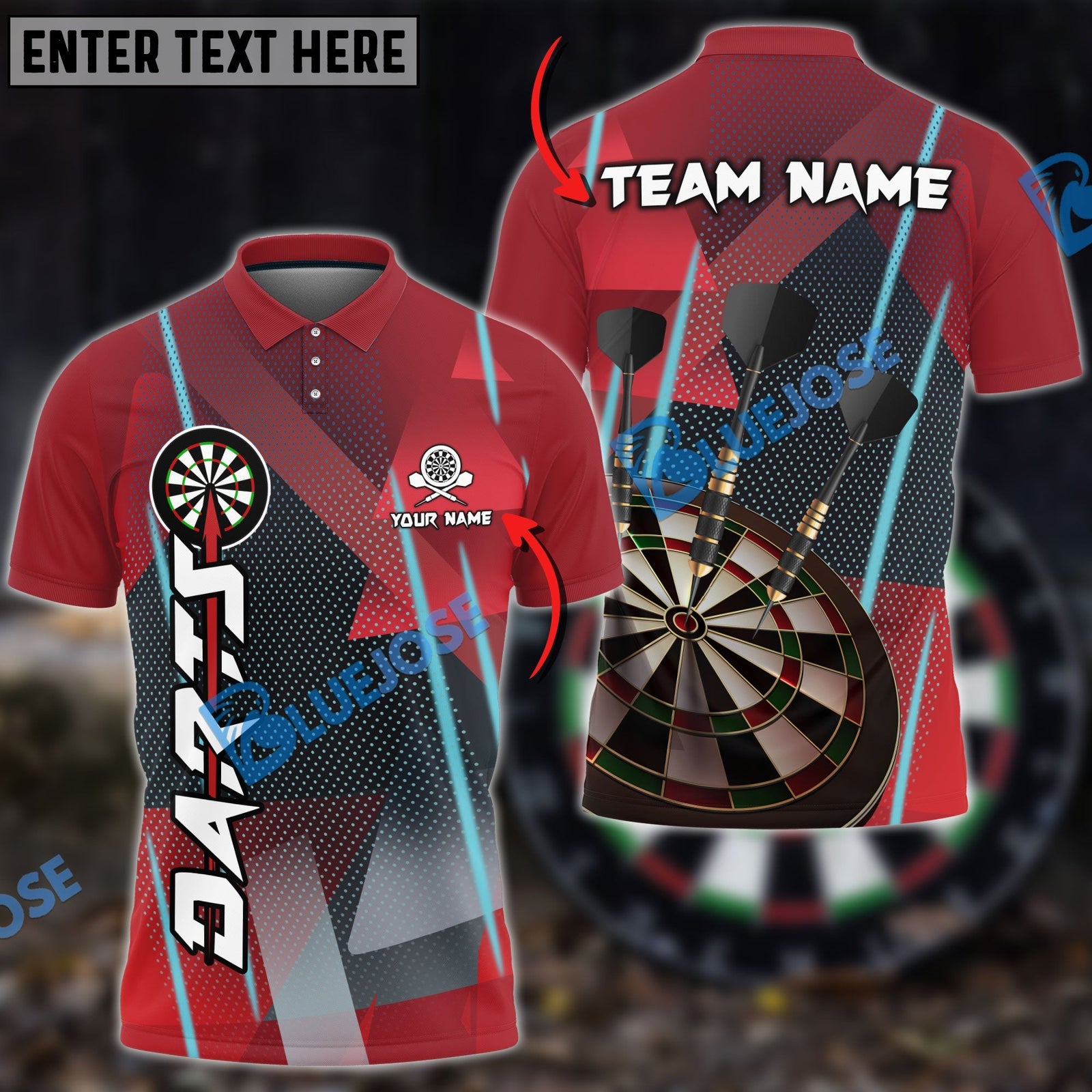 BlueJose Darts Bling Arrow Personalized Name, Team Name Shirt (6 Colors)