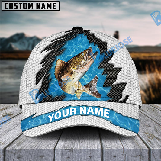 BlueJose Personalized Walleye Fishing White Blue Wave Fishnet Classic Cap