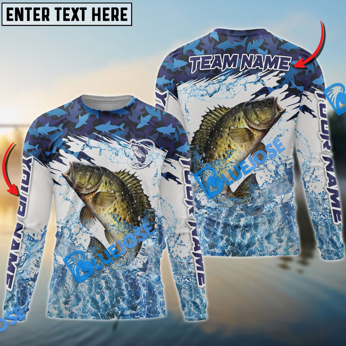 Bluejose Crappie Fishing Blue Camo Clear Water Custom Name &amp; Team Name 3D Shirts