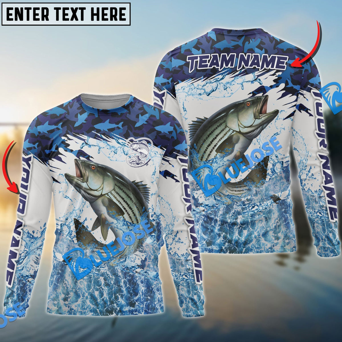Bluejose Striped Bass Fishing Blue Camo Clear Water Custom Name &amp; Team Name 3D Shirts
