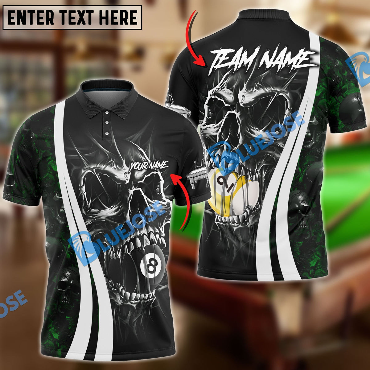 BlueJose Billiards 8 &amp; 9 Ball Skull Hell Personalized Name, Team Name Unisex Shirt ( 4 Colors )