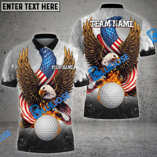 BlueJose Golf Fire Ball Eagle American Flag Customized Name, Team Name 3D Shirts (4 Colors)