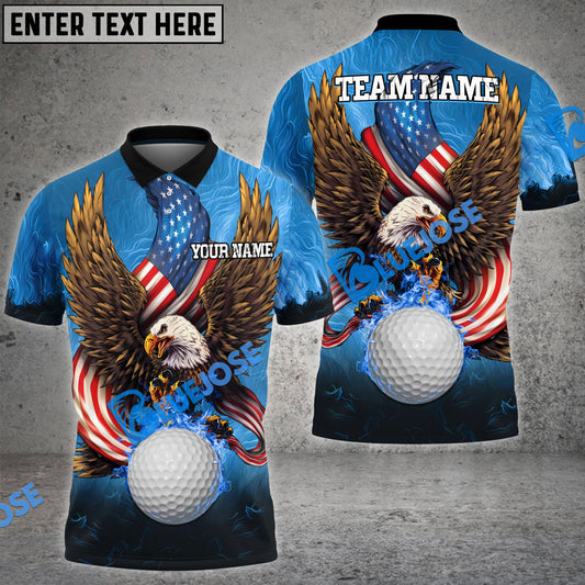 BlueJose Golf Fire Ball Eagle American Flag Customized Name, Team Name 3D Shirts (4 Colors)