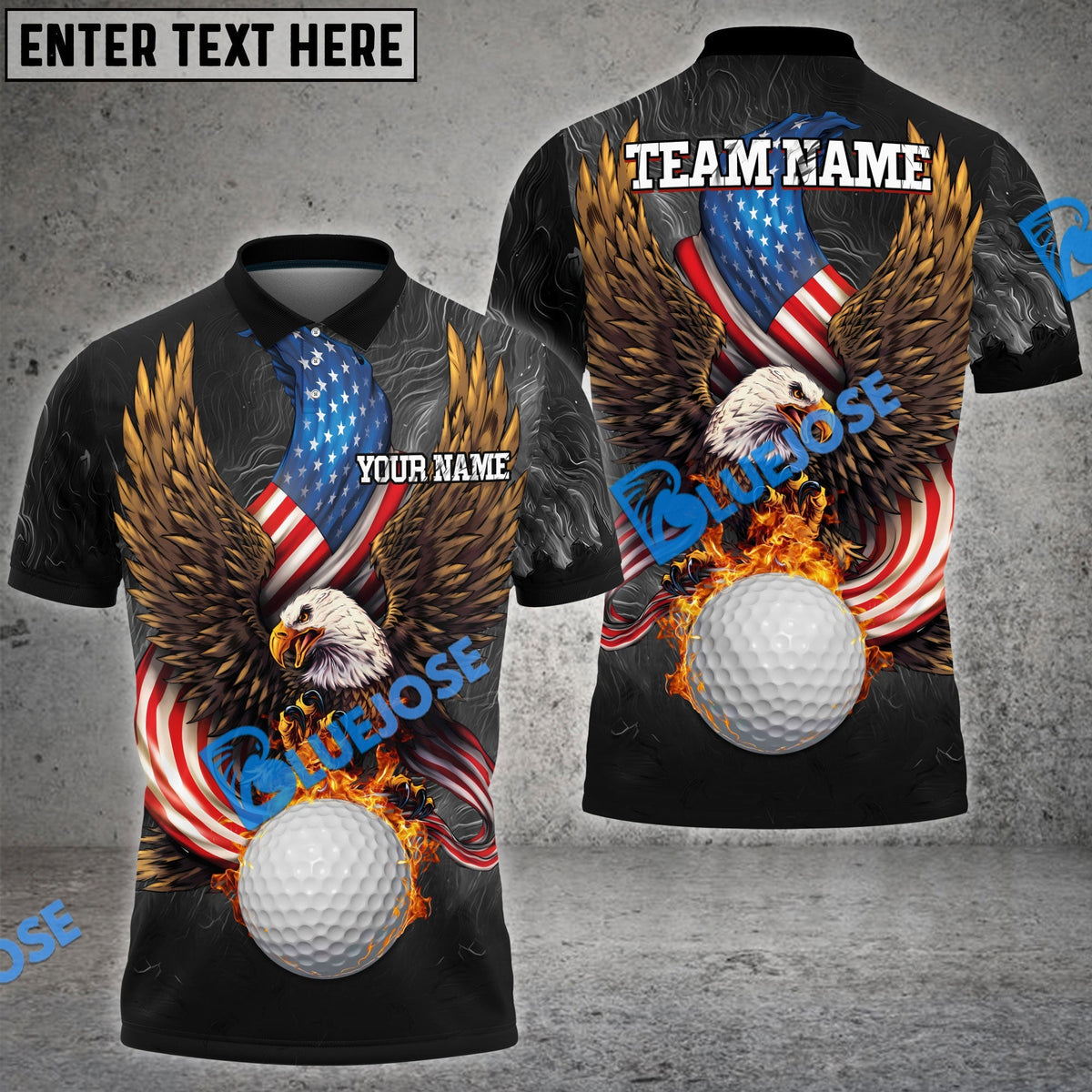 BlueJose Golf Fire Ball Eagle American Flag Customized Name, Team Name 3D Shirts (4 Colors)