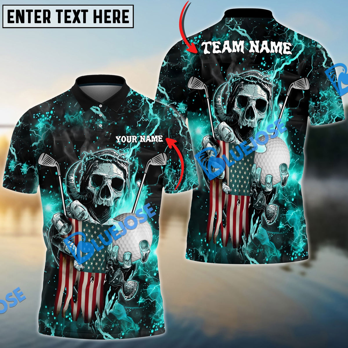 BlueJose Golf Fire Skull US Flag Customized Name, Team Name 3D Shirts (6 Colors)