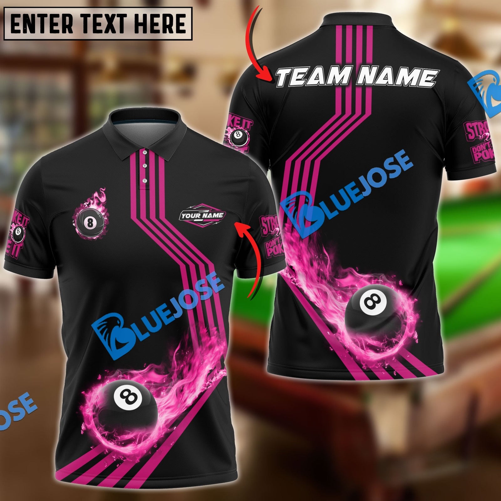 BlueJose Billiards Ball 8 Fire Racing Road Personalized Name, Team Name Unisex Shirt (6 Colors)
