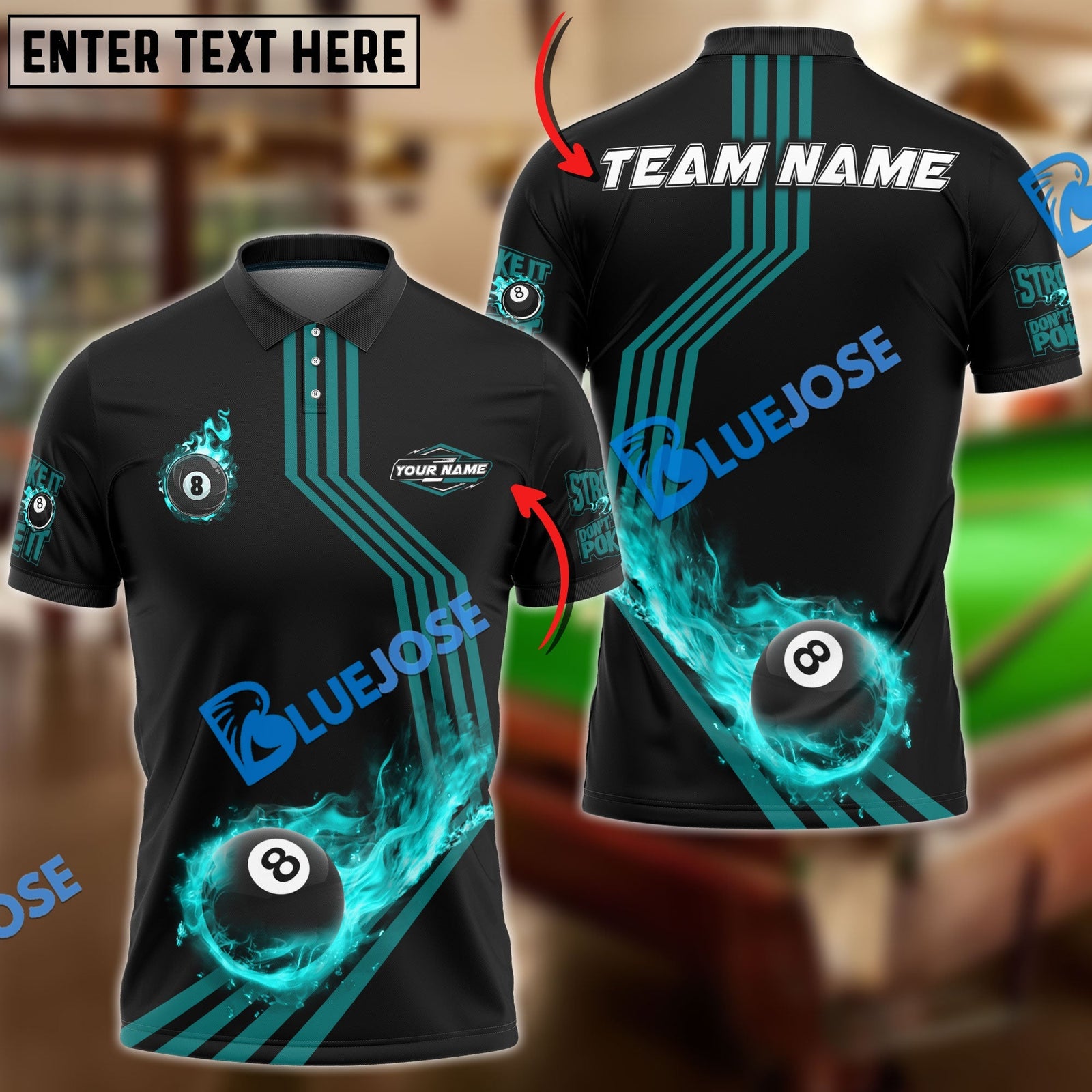 BlueJose Billiards Ball 8 Fire Racing Road Personalized Name, Team Name Unisex Shirt (6 Colors)