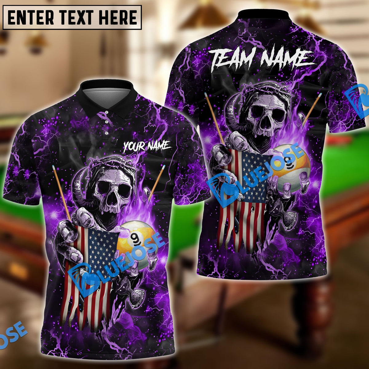 BlueJose Billiards Ball 9 Fire Skull US Flag Personalized Name, Team Name Shirt (6 Colors)