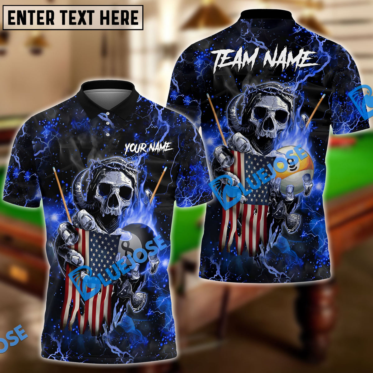 BlueJose Billiards Ball 8 &amp; 9 Fire Skull US Flag Personalized Name, Team Name Shirt (6 Colors)