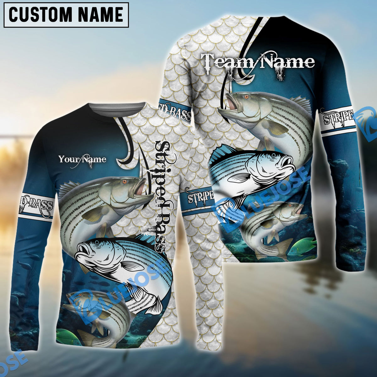 Bluejose Striped Bass Fishing Big Fin Pattern Custom Name &amp; Team Name 3D Shirts