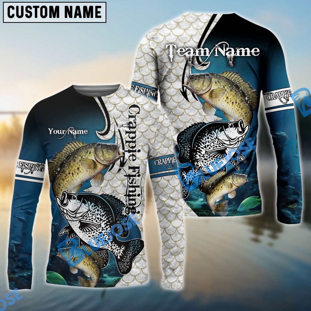 Bluejose Crappie Fishing Big Fin Pattern Custom Name &amp; Team Name 3D Shirts