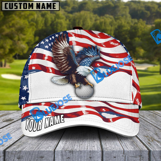 BlueJose Premium Golden Retro Eagle Flag Golf Ball Personalized Name Cap