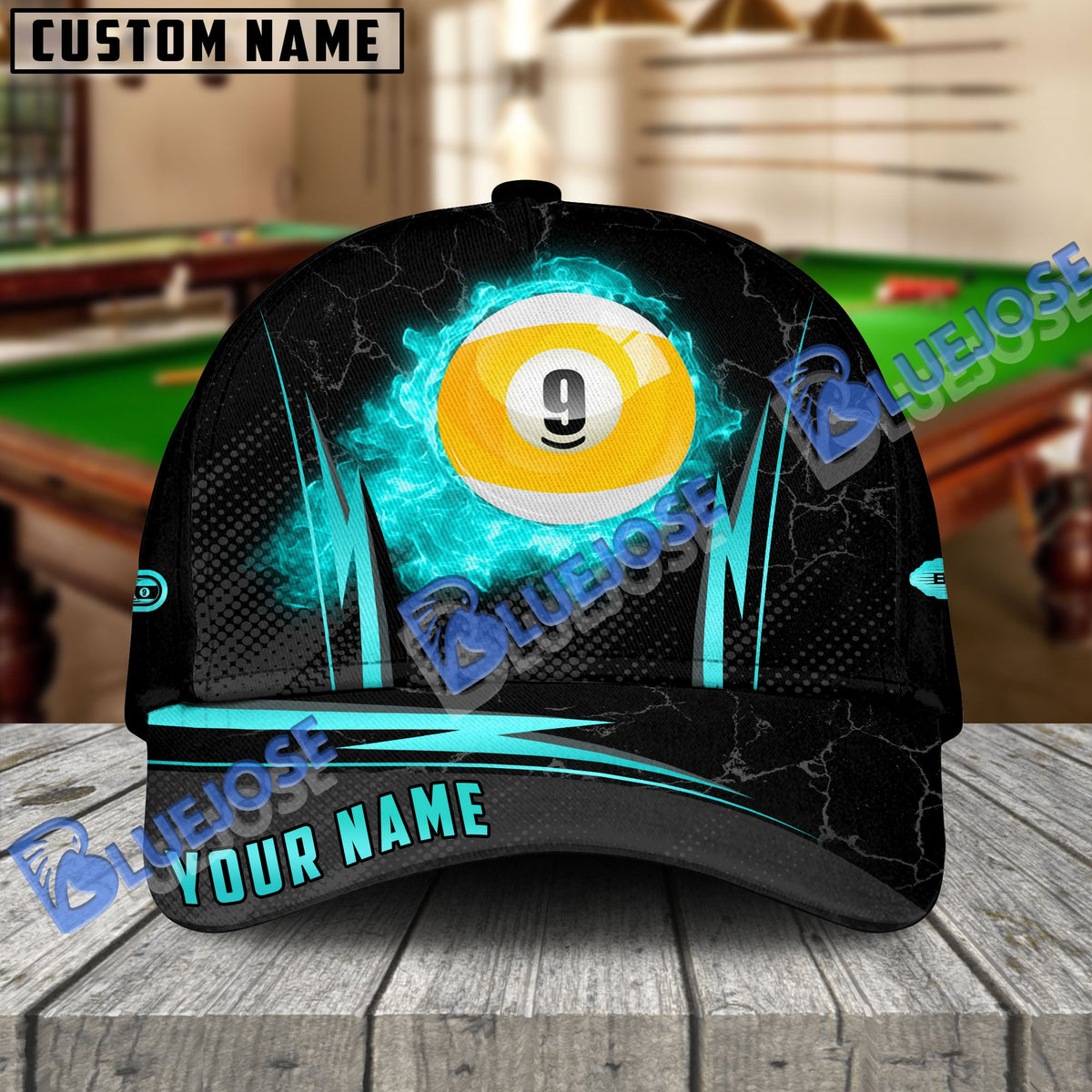 BlueJose Billiards Ball 9 Fire Cue Personalized Name Cap (4 Colors)
