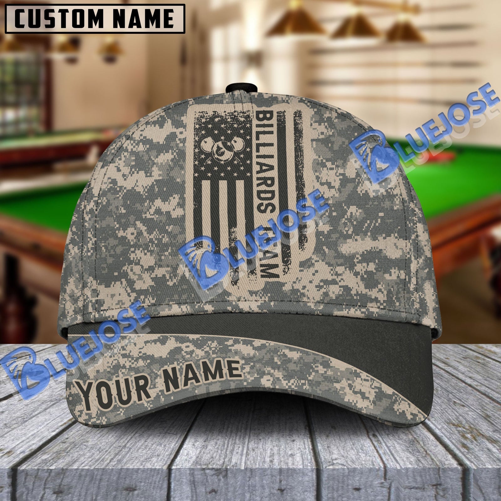 BlueJose Billiards Retro Camouflage Flag Personalized Name Cap