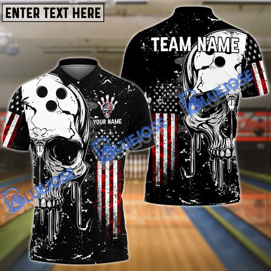 BlueJoses Bowling And Pins American Flag Skull Customized Name, Team Name 3D Shirt