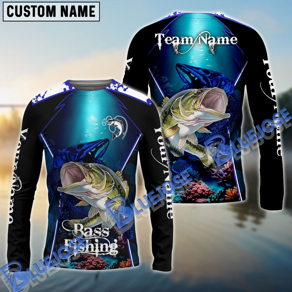 BlueJose Bass Fishing Deep Sea Sport Custom Name &amp; Team Name Shirts