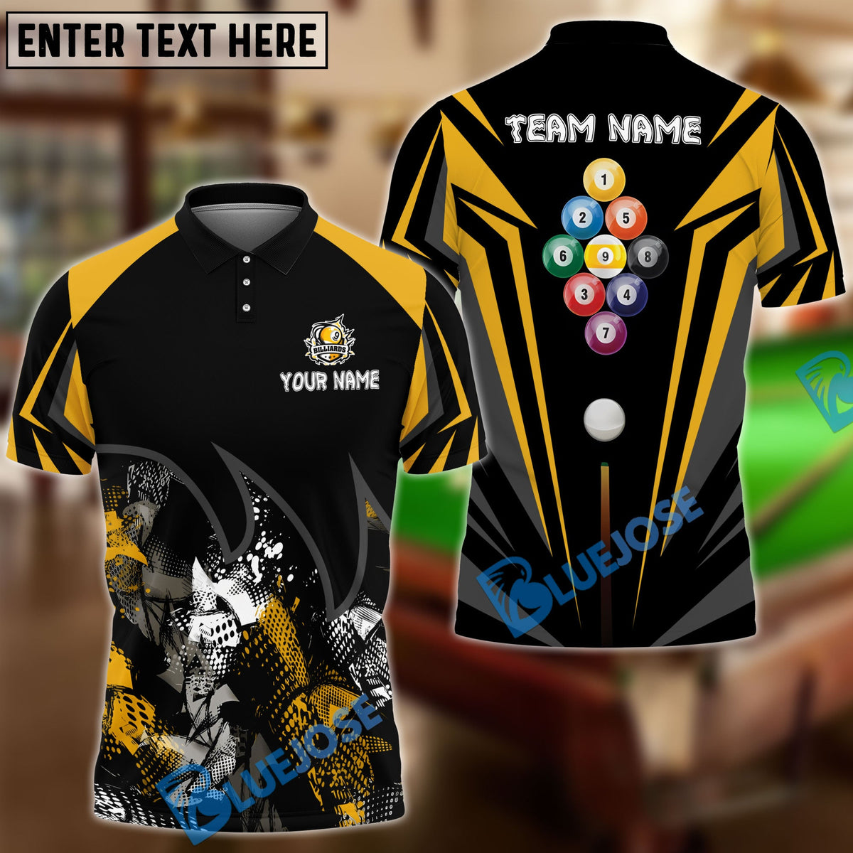 BlueJose Billiards Ball 9 Broken Fire Personalized Name &amp; Team Name Shirt (4 Colors)