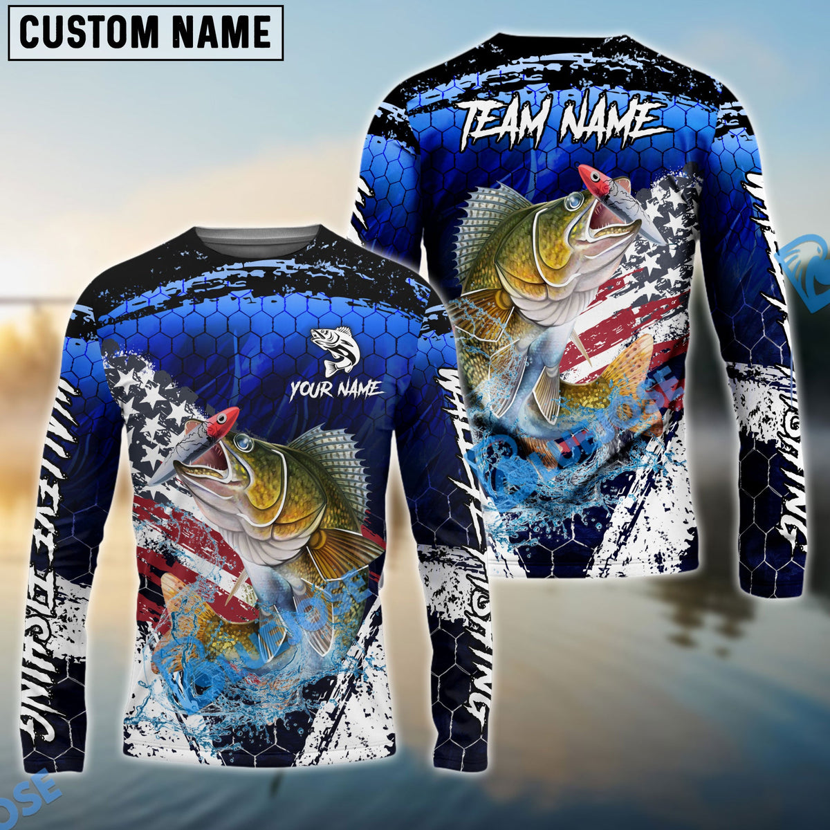Bluejose Walleye Fishing Dark Blue Scratch American Flag scratch Sport Custom Name &amp; Team Name 3D Shirts