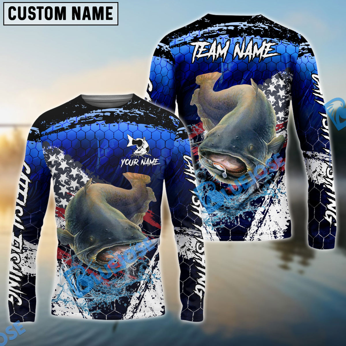 Bluejose Catfish Fishing Dark Blue Scratch American Flag scratch Sport Custom Name &amp; Team Name 3D Shirts