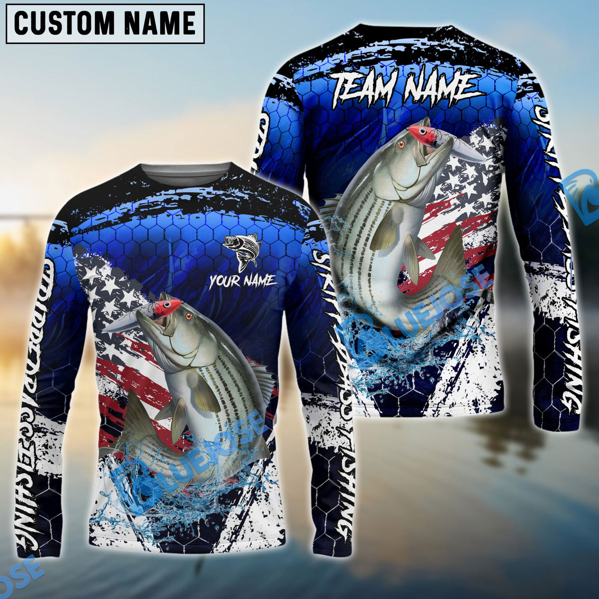 Bluejose Striped Bass Fishing Dark Blue Scratch American Flag scratch Sport Custom Name &amp; Team Name 3D Shirts