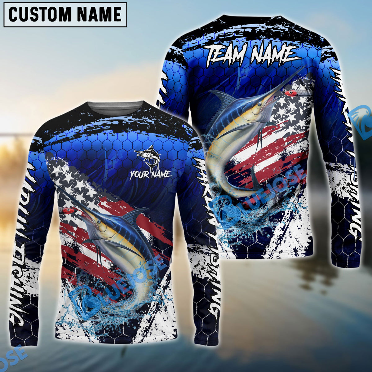 Bluejose Marlin Fishing Dark Blue Scratch American Flag scratch Sport Custom Name &amp; Team Name 3D Shirts