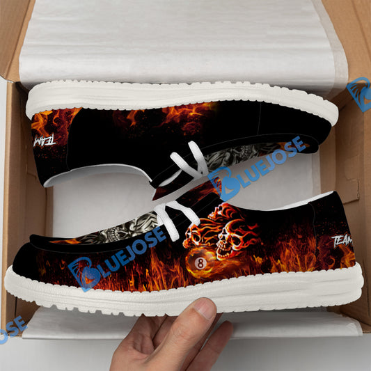 BlueJose Billiards 8 Ball Fusion Skulls White Canvas Loafer Shoes (4 Colors)