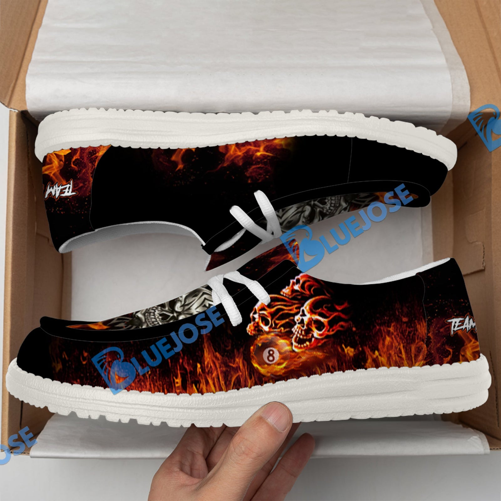 BlueJose Billiards 8 Ball Fusion Skulls White Canvas Loafer Shoes (4 Colors)