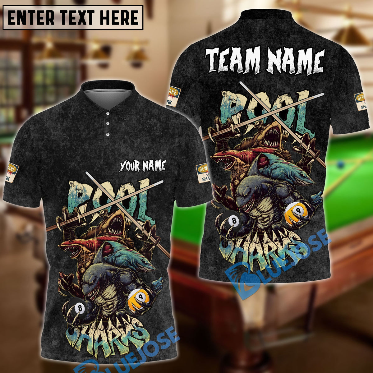 BlueJose Billiards Ball 8 &amp; 9 Pool Sharks Washed Pattern Personalized Name Shirt (4 Colors)