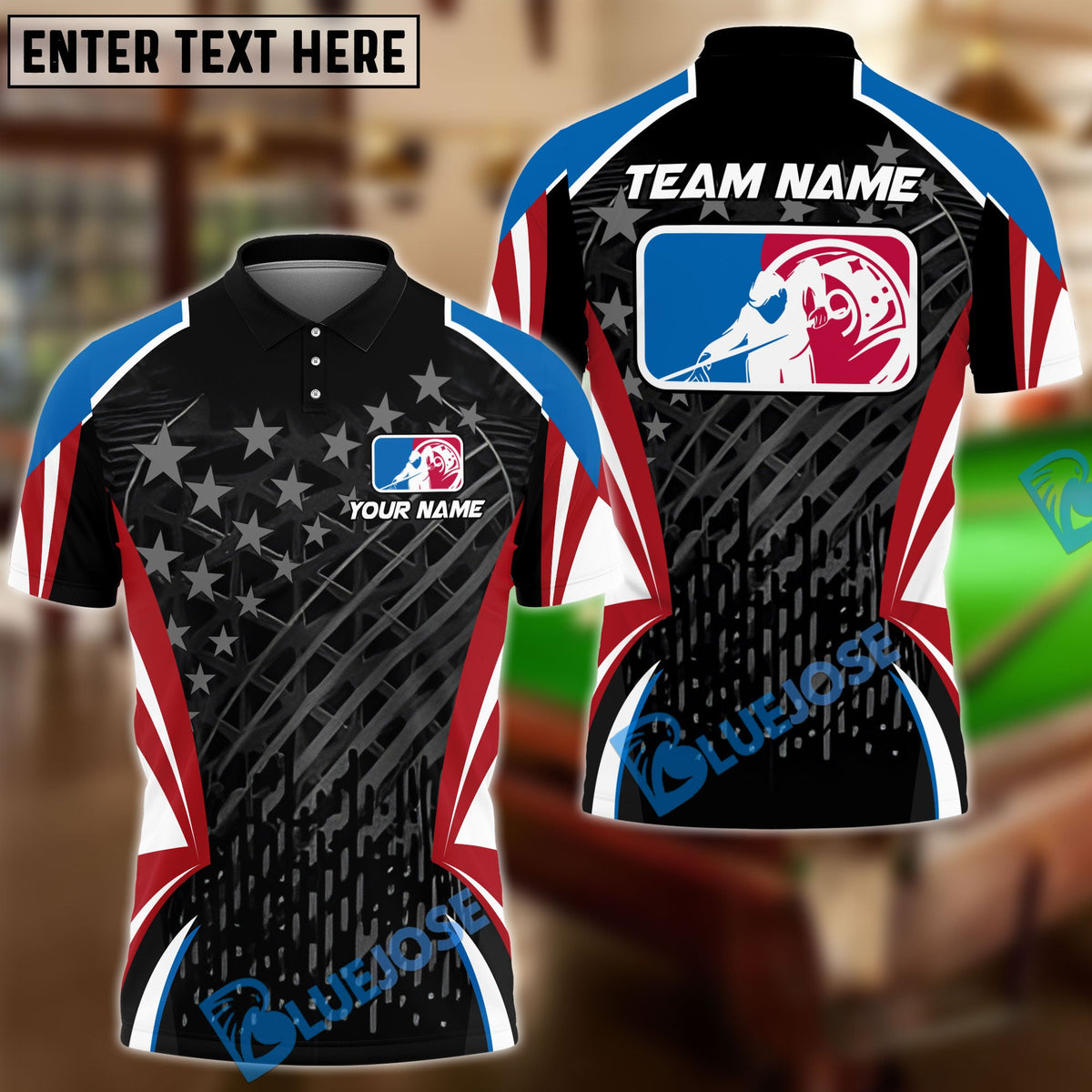 BlueJose Billiards 8 ball &amp; 9 Ball National Billiards America Personalized Name, Team Name Shirt (2 Colors)
