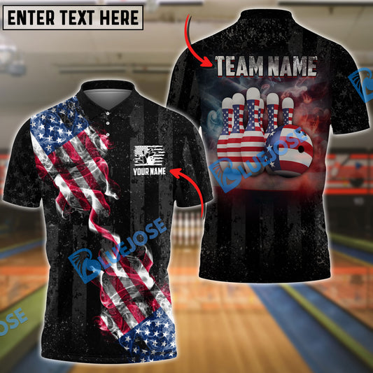 BlueJoses Bowling Amrican Flag Retro Smoke 2 Customized Name, Team Name 3D Shirt