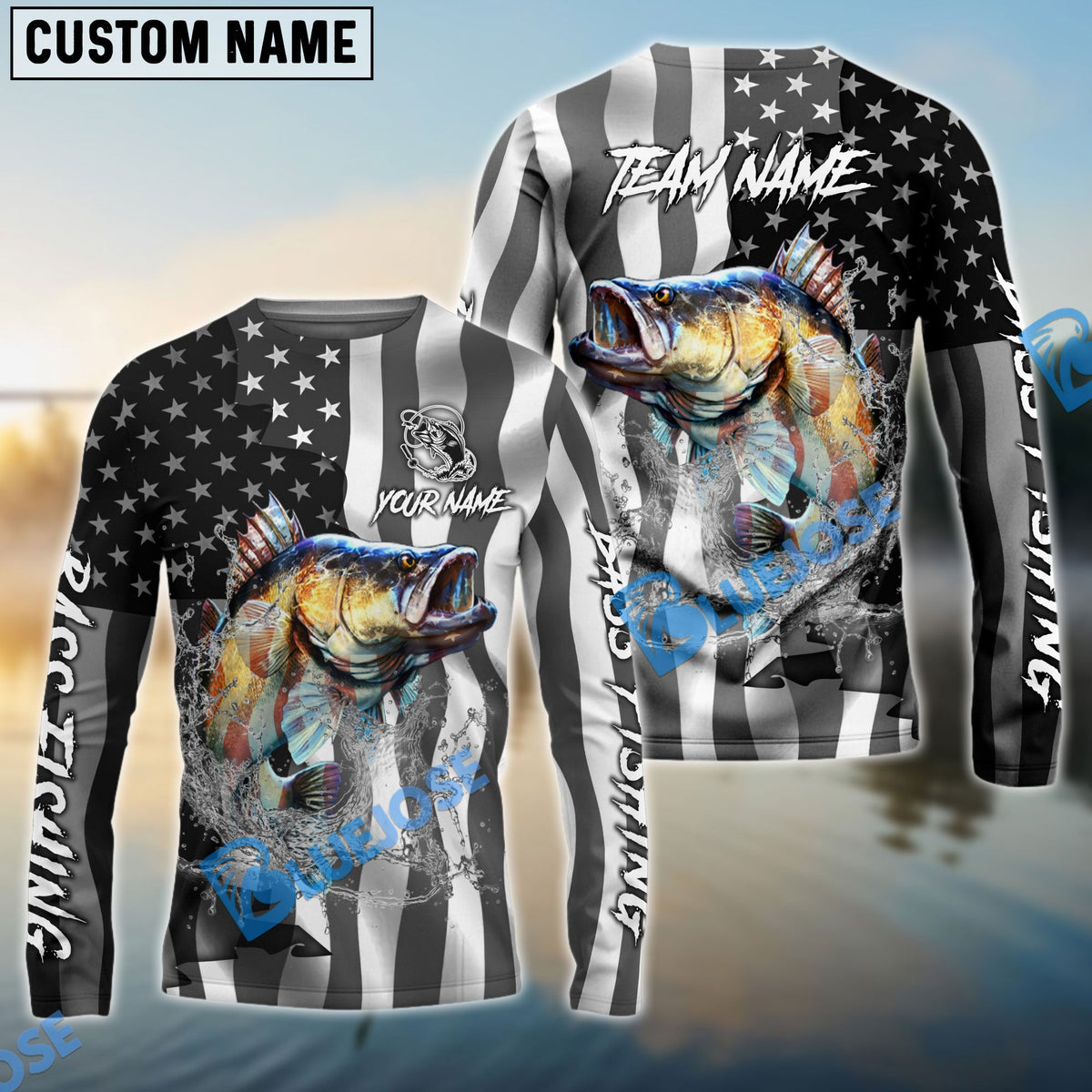 Bluejose Bass Fishing Black American Flag Sport Custom Name &amp; Team Name 3D Shirts