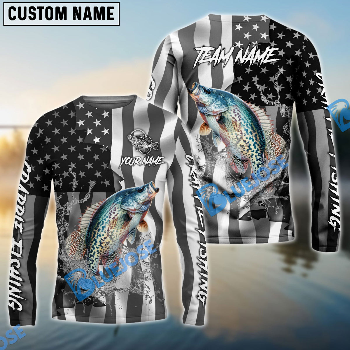Bluejose Crappie Fishing Black American Flag Sport Custom Name &amp; Team Name 3D Shirts