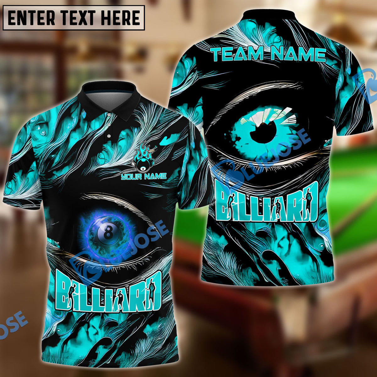 BlueJose Billiards Ball 8 Fire Eye Personalized Name, Team Name Unisex Shirt (4 Colors)