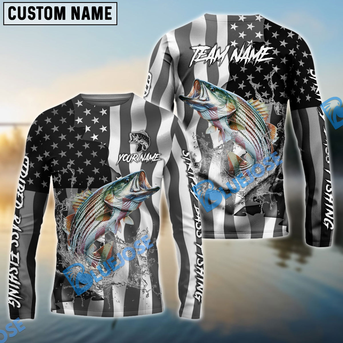 Bluejose Striped Bass Fishing Black American Flag Sport Custom Name &amp; Team Name 3D Shirts