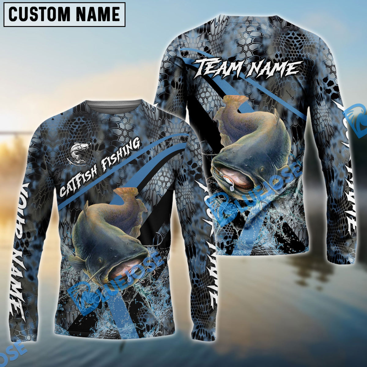 Bluejose Catfish Fishing Dark Skin Sport Custom Name &amp; Team Name 3D Shirts