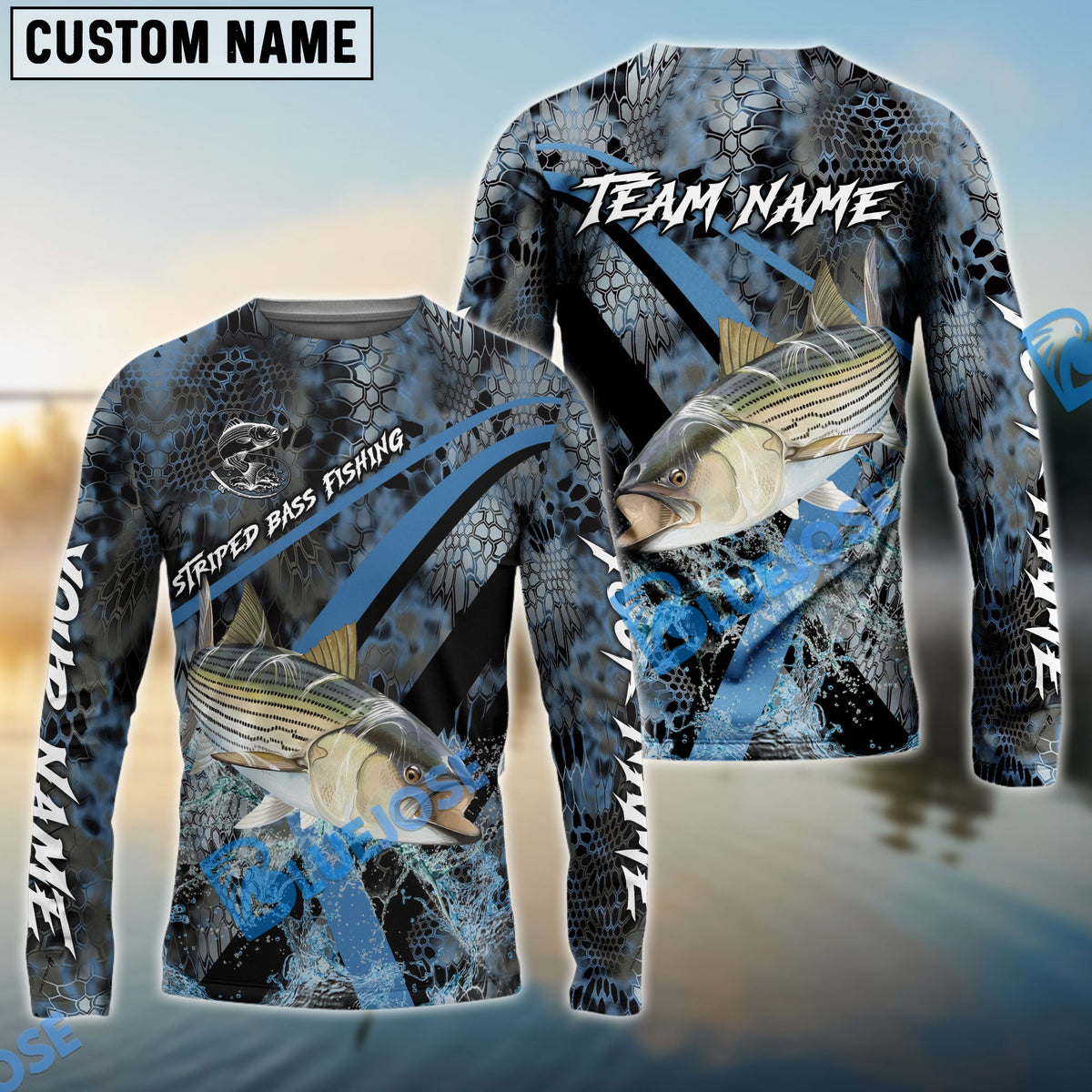 Bluejose Striped Bass Fishing Dark Skin Sport Custom Name &amp; Team Name 3D Shirts