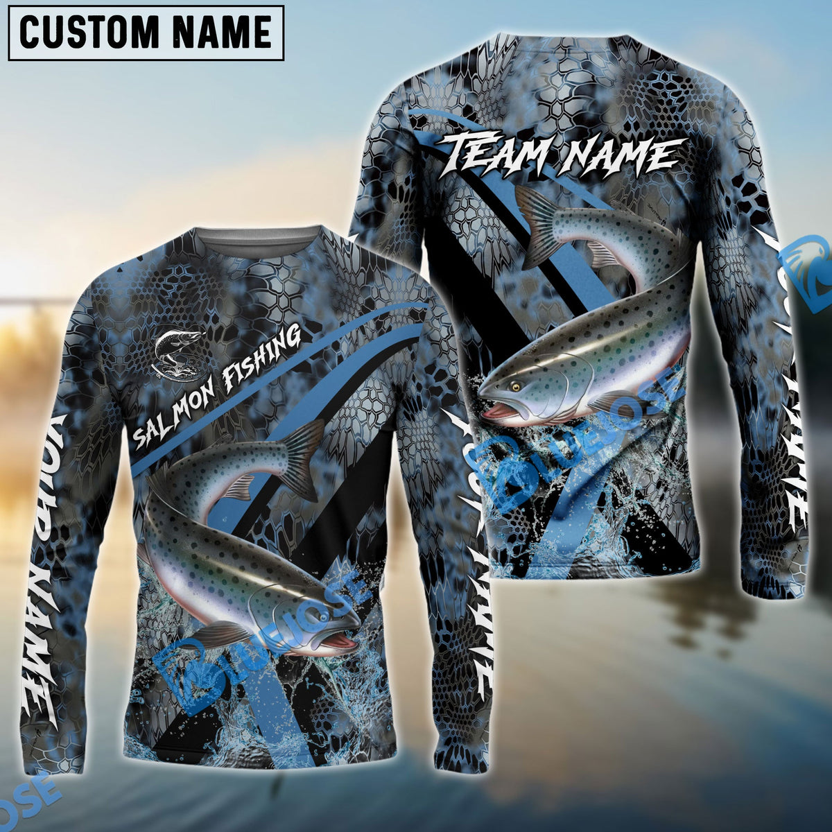 Bluejose Salmon Fishing Dark Skin Sport Custom Name &amp; Team Name 3D Shirts