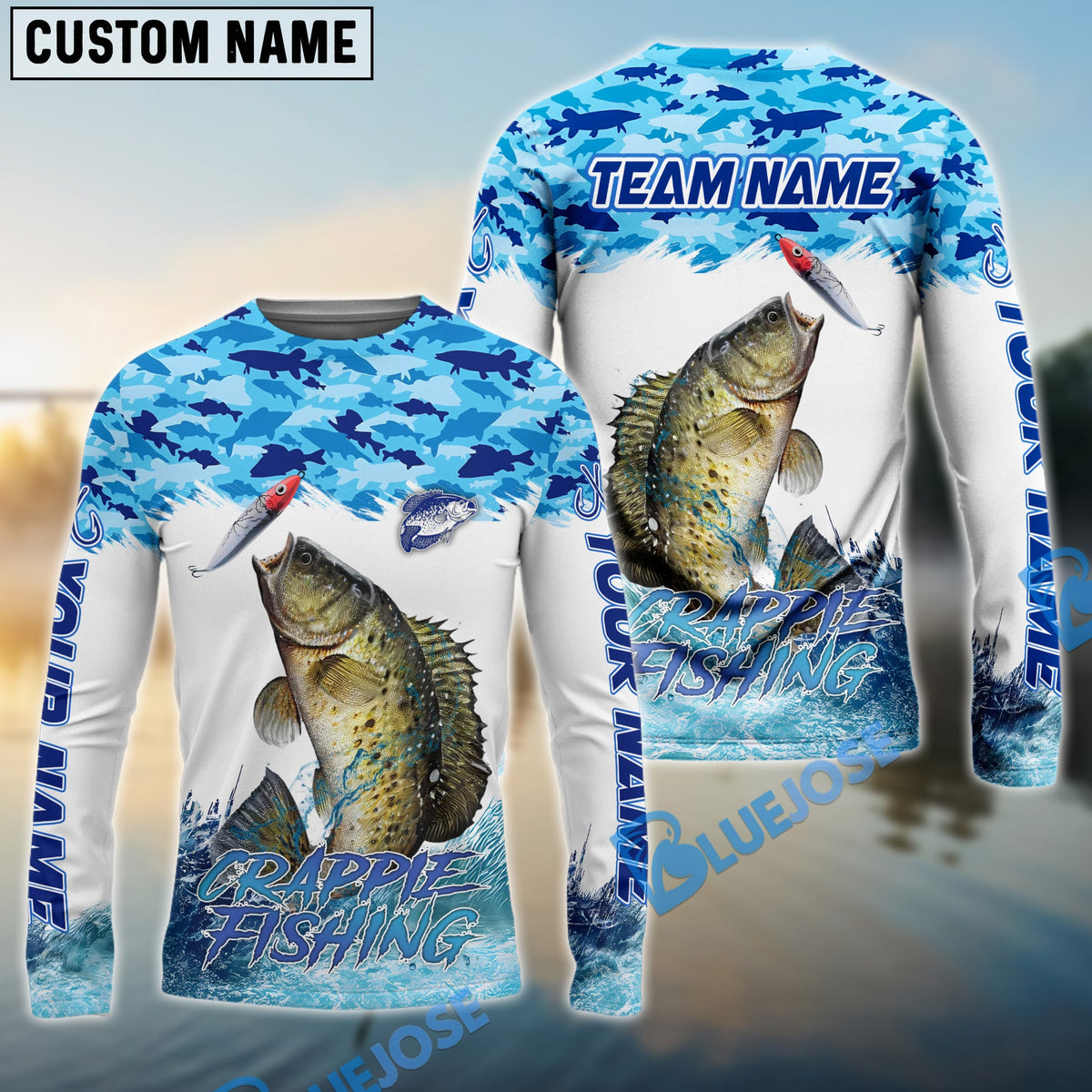 Bluejose Crappie Fishing Blue Water Camo Custom Name &amp; Team Name 3D Shirts