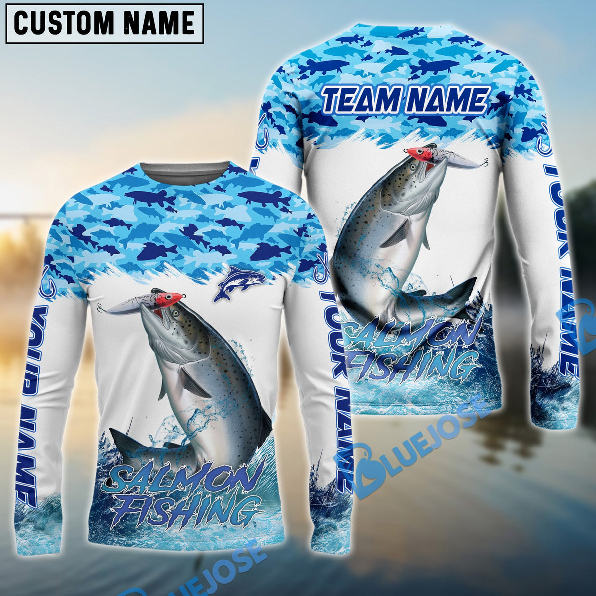 Bluejose Salmon Fishing Blue Water Camo Custom Name &amp; Team Name 3D Shirts