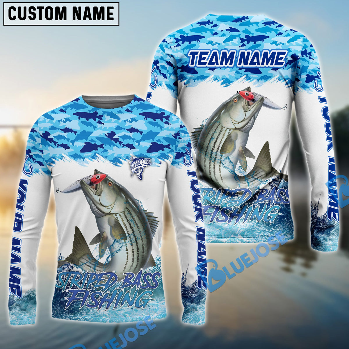 Bluejose Striped Bass Fishing Blue Water Camo Custom Name &amp; Team Name 3D Shirts