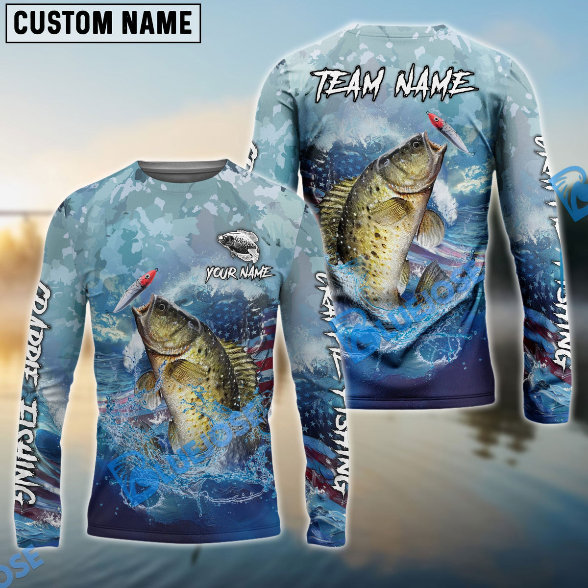 Bluejose Crappie Fishing American Flag Seawave Custom Name &amp; Team Name 3D Shirts