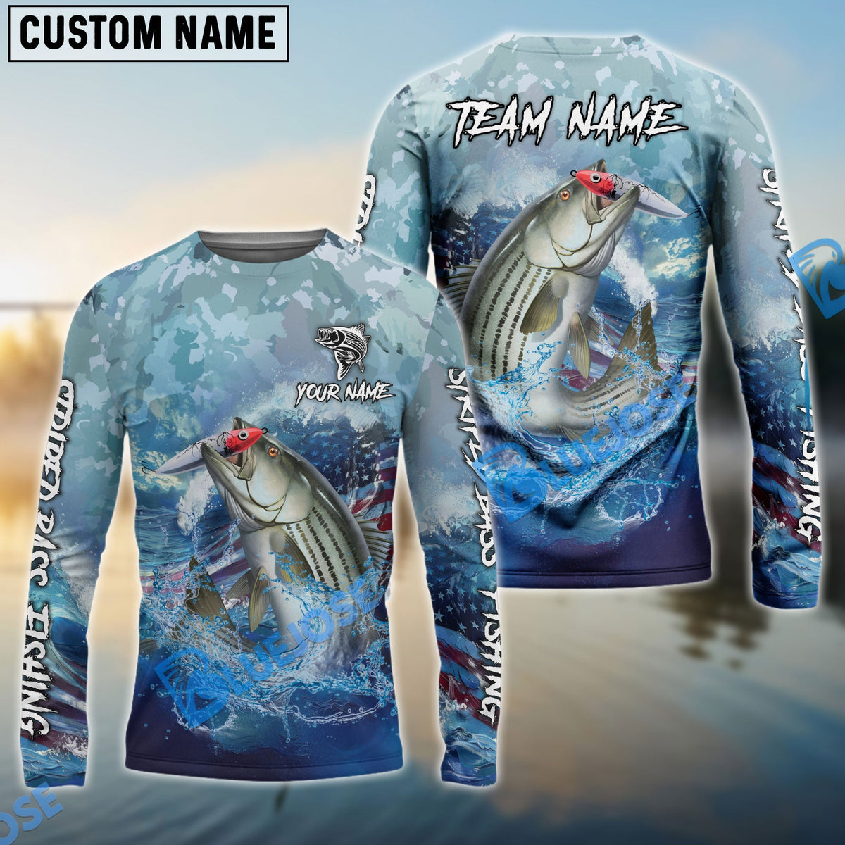 Bluejose Striped Bass Fishing American Flag Seawave Custom Name &amp; Team Name 3D Shirts