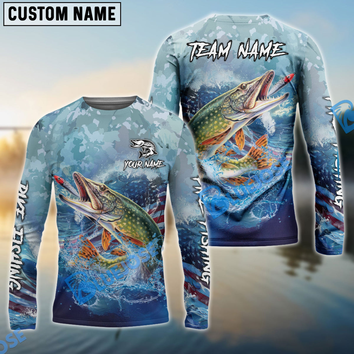 Bluejose Pike Fishing American Flag Seawave Custom Name &amp; Team Name 3D Shirts