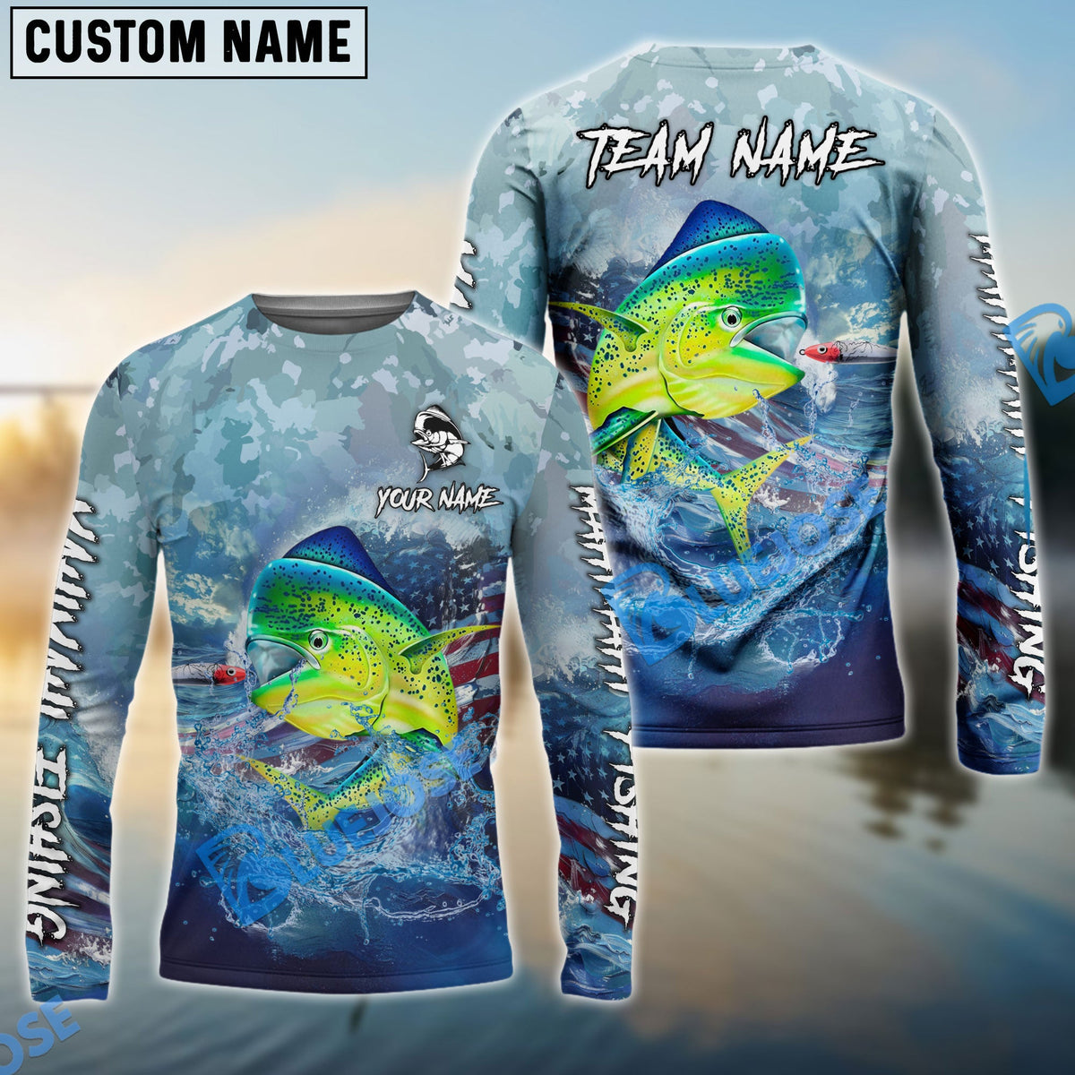 Bluejose Mahimahi Fishing American Flag Seawave Custom Name &amp; Team Name 3D Shirts
