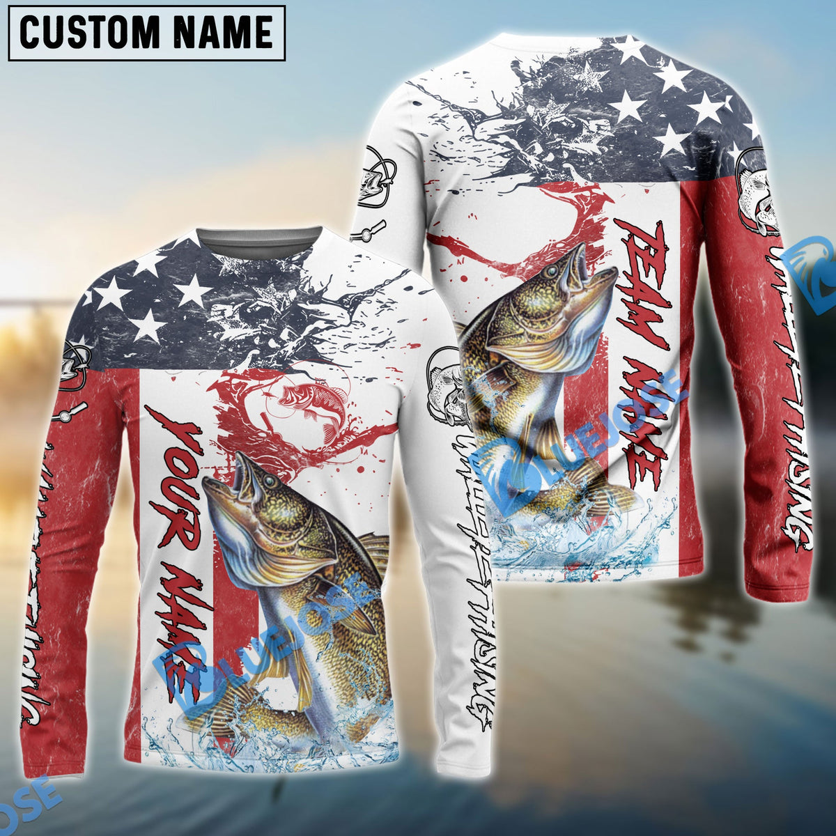 Bluejose Walleye Fishing American Flag Red Blue Seawave Custom Name &amp; Team Name 3D Shirts