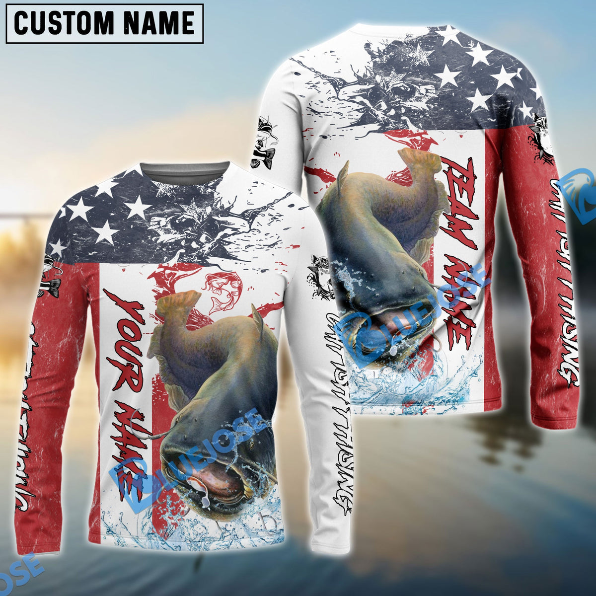 Bluejose Catfish Fishing American Flag Red Blue Seawave Custom Name &amp; Team Name 3D Shirts
