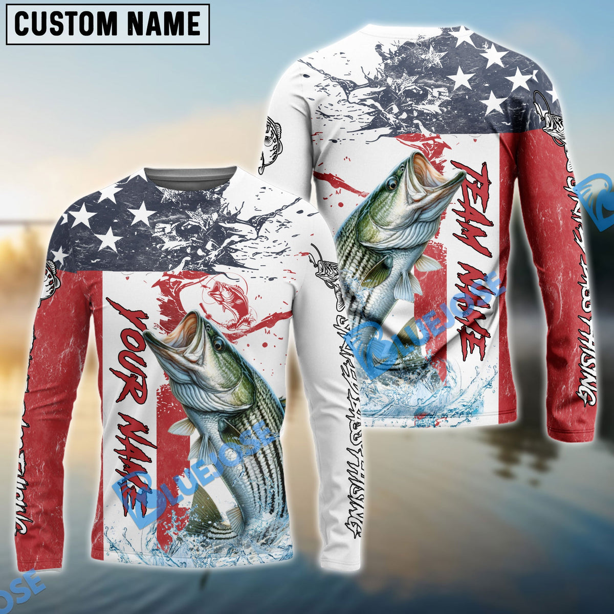 Bluejose Striped Bass Fishing American Flag Red Blue Seawave Custom Name &amp; Team Name 3D Shirts