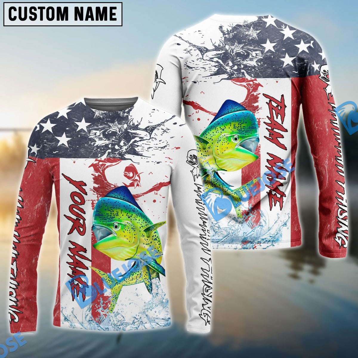 Bluejose Mahi mahi Fishing American Flag Red Blue Seawave Custom Name &amp; Team Name 3D Shirts