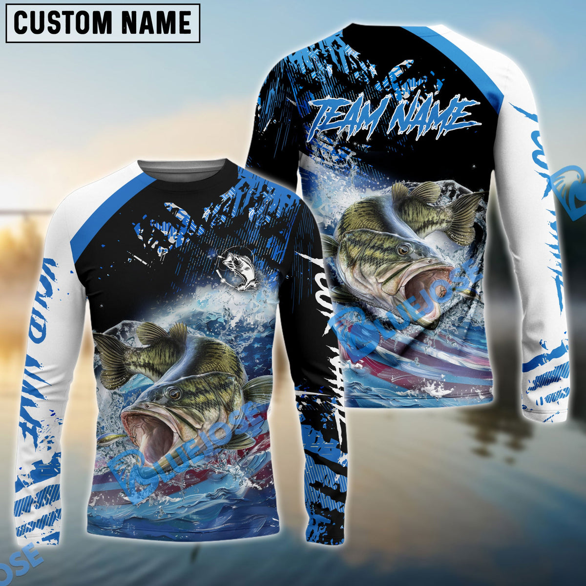 Bluejose Bass Fishing American Flag Blue Seawave Custom Name &amp; Team Name 3D Shirts